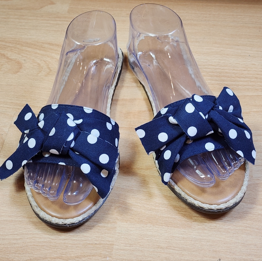 Ann Taylor Loft Navy Blue White Polka Dot Bow Slide On Sandals Flats Size 8M
